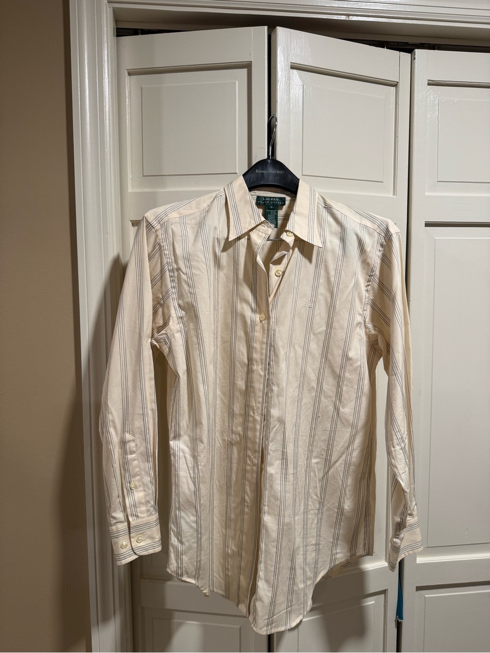 Ralph Lauren Cream Button-Down Shirt with Thin Blue Stripes